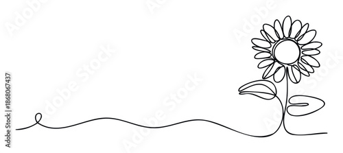 Elegant continuous line art of a vibrant sunflower with its stem and leaves, ideal for stationery, branding, wall decor, digital graphics, and agricultural industry communications.