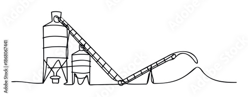 Minimalist contour outline of a grain storage facility featuring large silos connected by an automated conveyor system, useful for technical education and infrastructure projects.