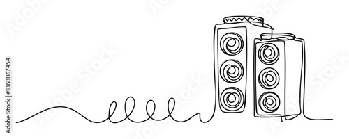 Continuous line drawing of two modern sound speakers connected by an undulating wire, perfect for audio technology marketing, music event invitations, or entertainment industry branding