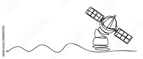 Minimalist continuous line drawing of a communication satellite featuring prominent solar panels and a flowing signal wave, suitable for illustrating global networking and space technology.