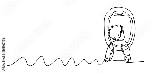 A continuous line drawing illustrating a young explorer wearing a protective helmet, connected by a winding path, ideal for conveying themes of childhood wonder, futuristic aspirations, and