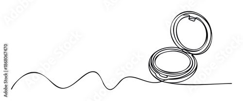 A minimalist single line drawing depicting an opened face powder compact case with a graceful wavy trace, ideal for cosmetic product marketing campaigns and personal care industry visuals.
