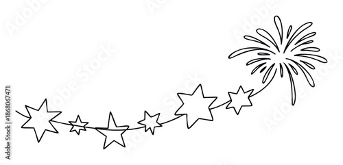 A festive black line drawing of connected stars leading to a dynamic fireworks explosion, perfect for holiday greetings, celebration invitations, or decorative borders for cheerful events