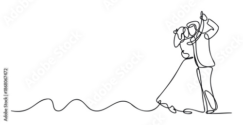 Elegant one line drawing capturing a bride and groom embracing during their marriage ceremony, suitable for creating memorable event decor or unique stationery designs.