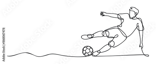 Dynamic one continuous line drawing of a soccer player kicking a football, ideal for sports event promotions, athletic apparel marketing, or engaging website graphics.