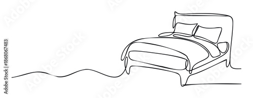 Minimalist continuous line drawing of a comfortable bed for sleep and relaxation concepts or bedroom decor inspiration and home furniture advertisements.