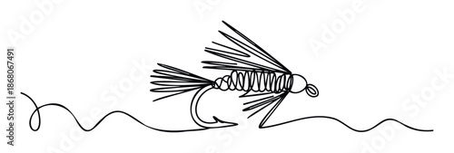 Minimalist fly fishing bait design crafted in a smooth continuous line drawing style, ideal for apparel prints, sports branding, and outdoor adventure campaigns.