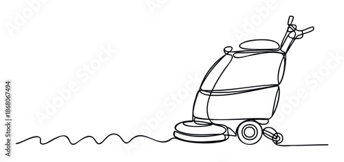 Industrial scrubber dryer equipment depicted with a single flowing line graphic, perfect for symbolizing efficiency and hygiene in facility management presentations and marketing materials.