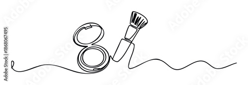 Continuous line drawing of a compact face powder case and a fluffy makeup brush, ideal for beauty product packaging, cosmetic brand advertising, and feminine graphic design.