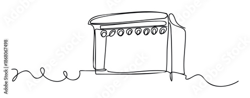 Abstract continuous line artwork depicting a guitar amplifier box with various tuning knobs and speaker details ideal for modern music themed graphic projects or audio equipment advertising