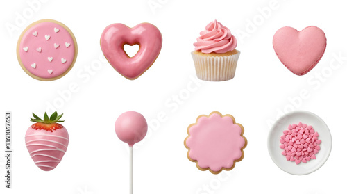 Wallpaper Mural Pink dessert set including sugar cookie, donut, cupcake, macaron, strawberry, cake pop, and heart sprinkles. Valentines day sweets and bakery treats collection. Torontodigital.ca
