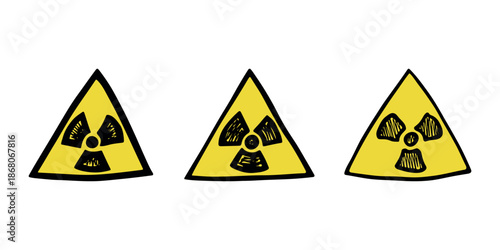 Set of hand drawn radiation sign Nuclear radiation hazard symbol Radioactive danger warning doodle Radioactive waste Single element for print, web, design, decor