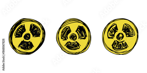 Set of hand drawn radiation sign Nuclear radiation hazard symbol Radioactive danger warning doodle Radioactive waste Single element for print, web, design, decor