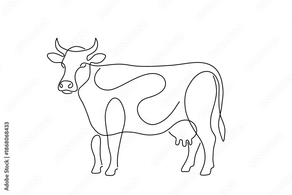 Fototapeta premium Standing cow with horns, minimalistic line art vector illustration, isolated on white background