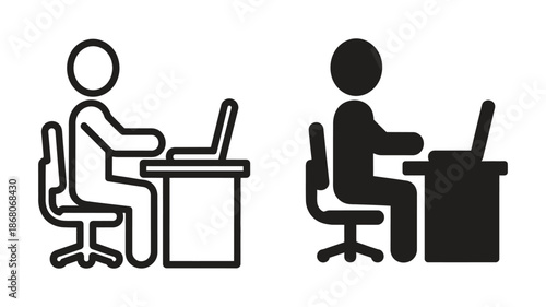 Office Worker Sitting at Desk Using Laptop Icon Workplace and Remote Work Concept
