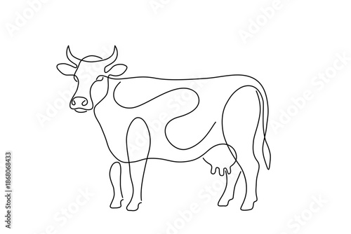 Standing cow with horns, minimalistic line art vector illustration, isolated on white background