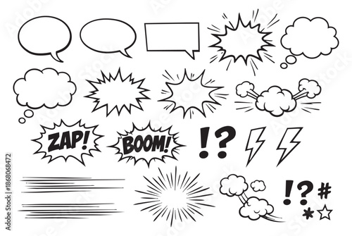 Hand drawn comic book style elements set featuring various speech bubbles, thought clouds, boom explosions, and zap expressions for cartoon art and graphic design
