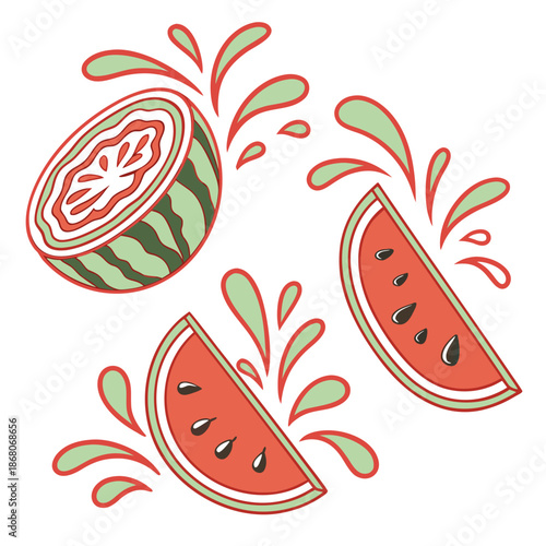 Fresh watermelon slices splashing juice in a vibrant illustration