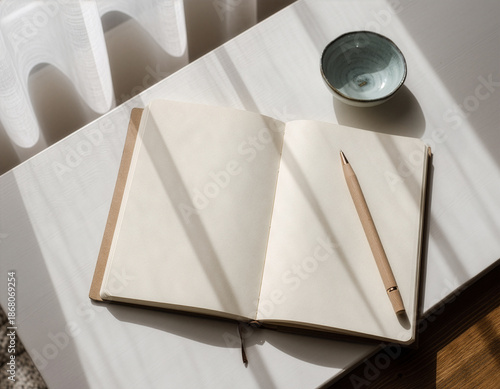 Open notebook with pen on white table with sunlight shadows
