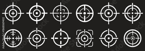 Target destination icon set. Aim sniper shoot group. Focus cursor bull eye mark collection. Vector isolated on white