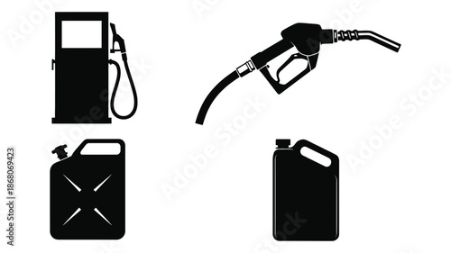 Fuel and Gasoline Icons Set Petrol Pump Nozzle and Fuel Can Silhouette Symbols Isolated on White Background
