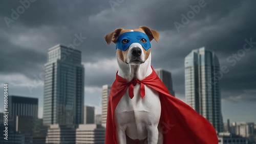 Jack Russell Terrier Dog Wearing Red Cape and Blue Mask Standing Proudly in Urban Cityscape Background Under Dramatic Cloudy Sky