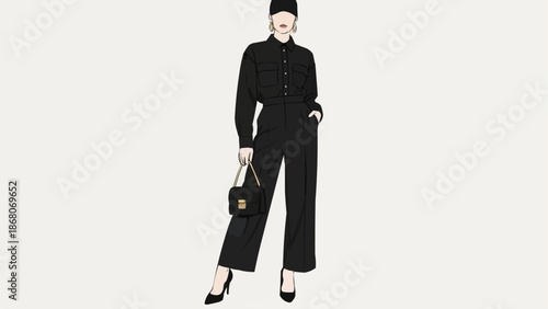 Fashionable woman wearing a black jumpsuit and holding a handbag.