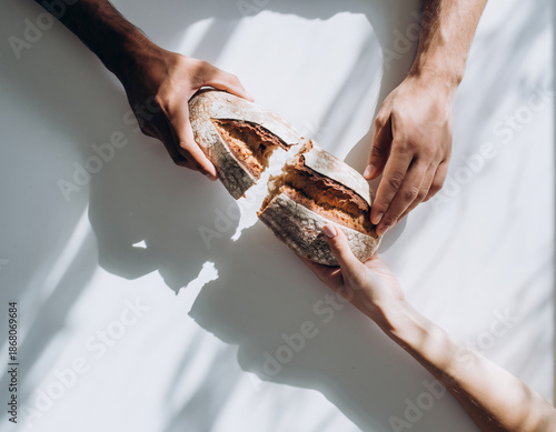 Hands breaking artisanal bread under natural sunlight