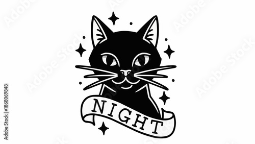Black Cat with Stars and Night Banner Tattoo Style.