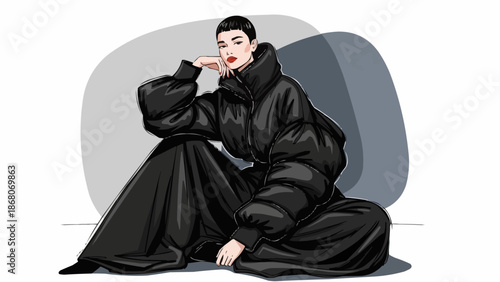 Fashionable woman in a black puffer jacket and long skirt posing elegantly.