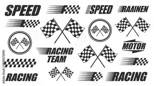 Racing Speed Icons and Checkered Flag Logo Set in Black and White Vector Style
