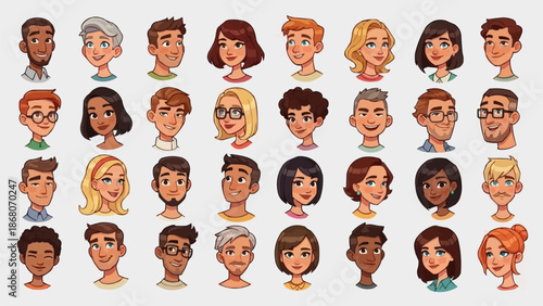 Diverse Group of Cartoon People Faces Representing Different Ages and Genders.