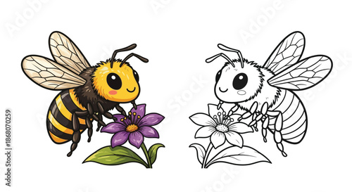 Cute Cartoon Bee With Flower Coloring Page Featuring Happy Bumblebee and Floral Line Art