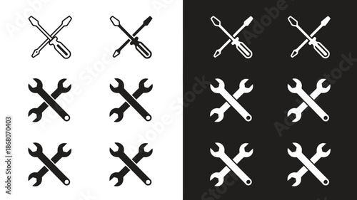 Crossed Tools Icon Set in Black and White Minimal Vector Design
