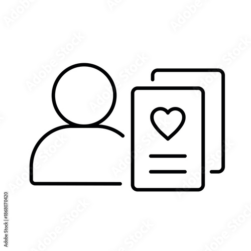 A vector icon representing personalized content for users, showing a user avatar and a heart-marked document, created in line style with editable stroke