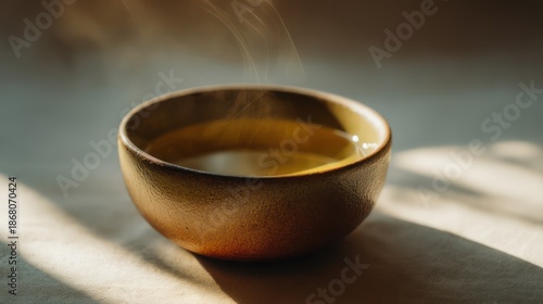 A handcrafted clay bowl filled with chamomile tea steam rising softly into haze Light enhances liquid golden tones