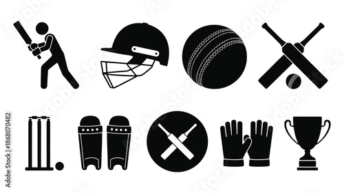 Cricket Sports Icons Set with Player, Bat, Ball, Helmet and Equipment Vector Illustration
