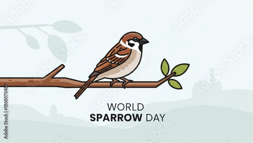 Brown and white sparrow perched on branch with green leaves world sparrow day illustration with bird and conservation and nature and animal and wildlife