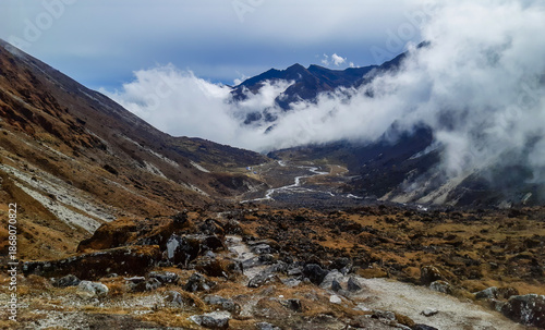 High Altitude Mountain Landscape with Clear Cloud Layers.