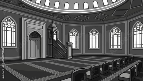 Islamic Prayer Room Interior, Mosque Dome, Mihrab, Minbar, Arched Windows