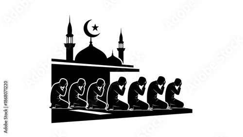 Islamic Prayer Silhouette: People Praying at Mosque with Crescent Moon and Star