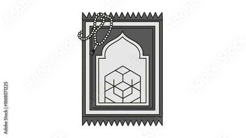 Islamic Prayer Rug with Prayer Beads, Muslim Worship Mat, Islamic Design