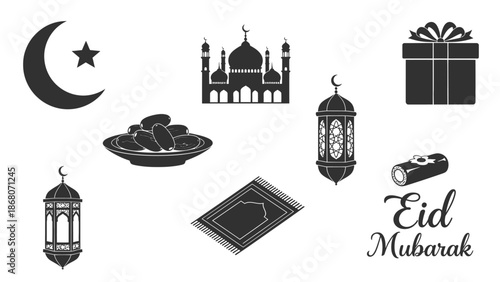Islamic Symbols and Eid Mubarak Greeting, Ramadan Kareem Icons Collection