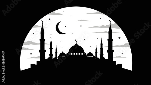 Mosque Silhouette at Night with Crescent Moon and Stars