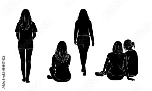 Collection of diverse female silhouettes depicting women standing and sitting in various poses, perfect for modern design and conceptual projects