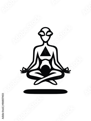 Alien meditating in lotus position with triangle symbol.