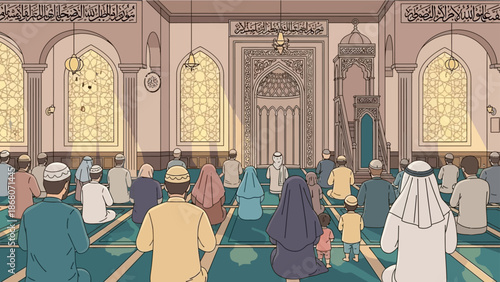 Muslim Congregation Praying Inside Mosque, Islamic Culture, Religious Gathering