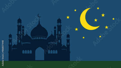 Mosque Silhouette Ramadan Crescent Moon Stars Night Sky
