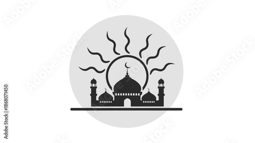 Mosque Silhouette with Crescent Moon and Sun Rays