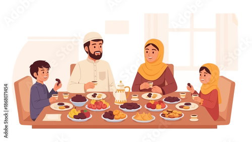 Muslim Family Breaking Fast Together During Ramadan, Iftar Meal
